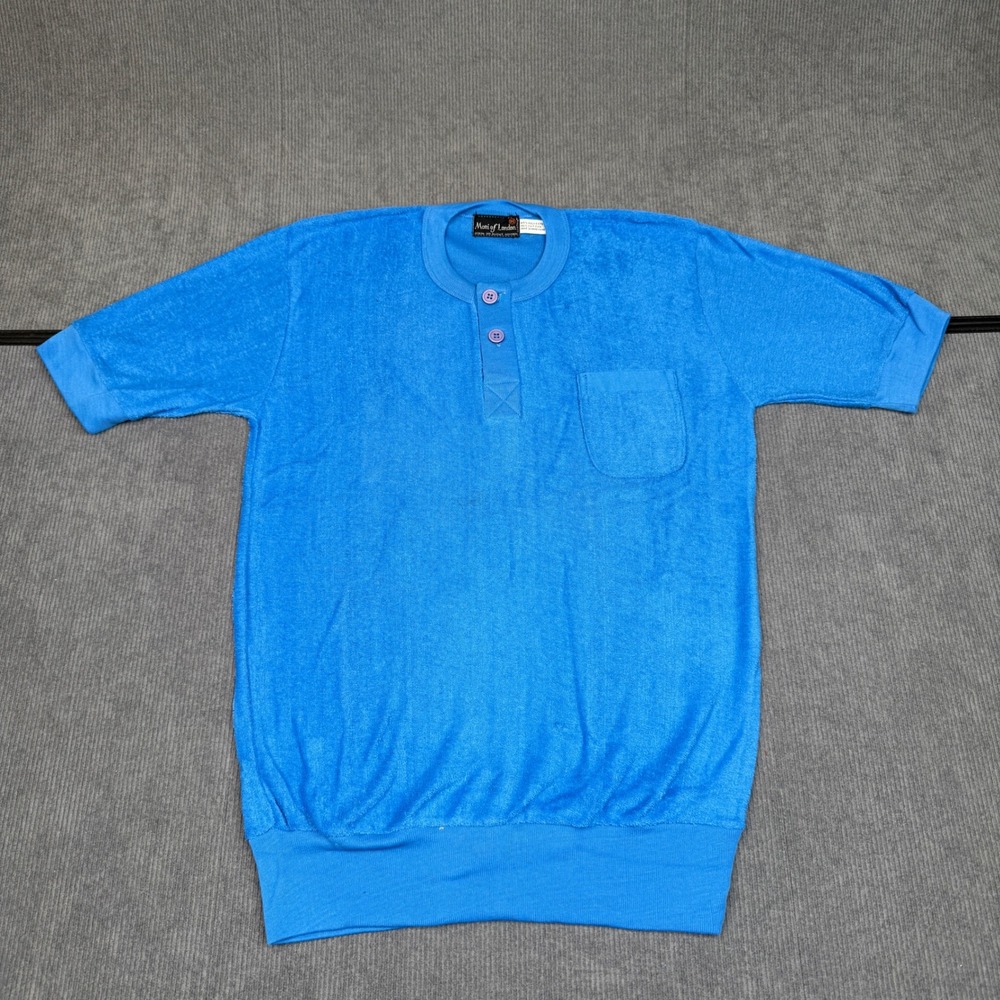 Vintage Moni of London Blue Terry Cloth Henley Shirt Sz M Ringer Short Sleeve